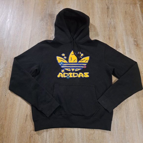 Adidas Pullover Hoodie Black Yellow Blue Flower Men's Sweatshirt Size Small - Picture 1 of 10
